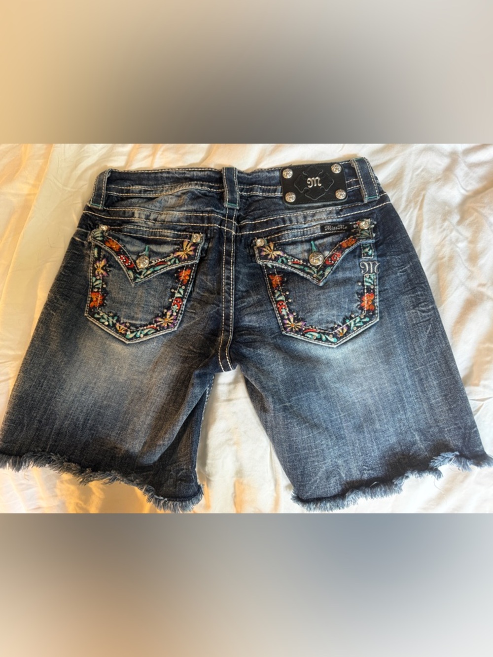 Miss Me Dark Blue Embroidered Denim Shorts